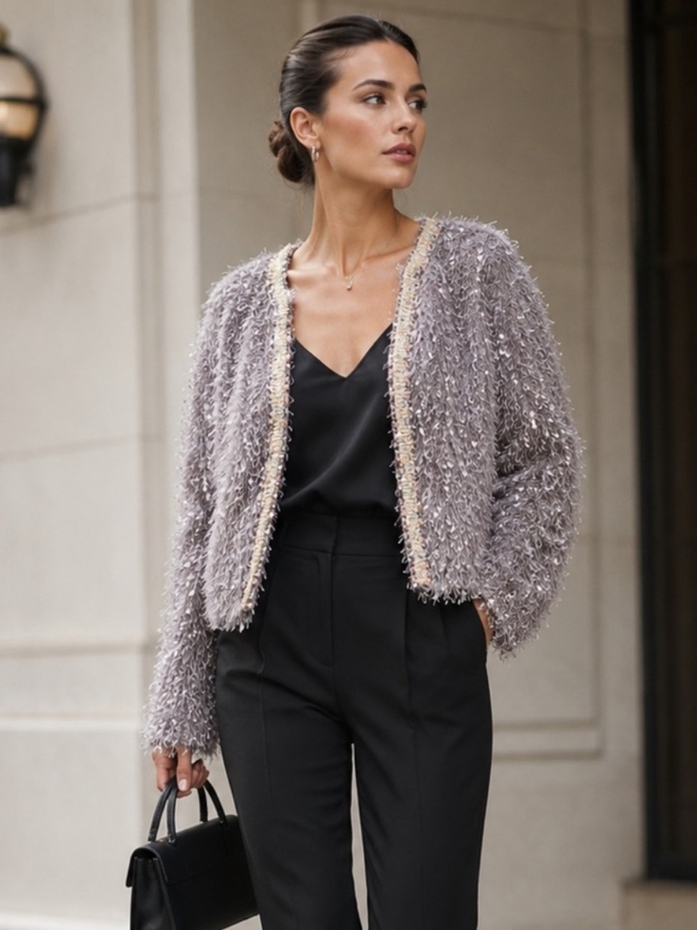 Zara Basic Silver Gray Metallic Shaggy Fringe Jacket Women’s XS Open Front